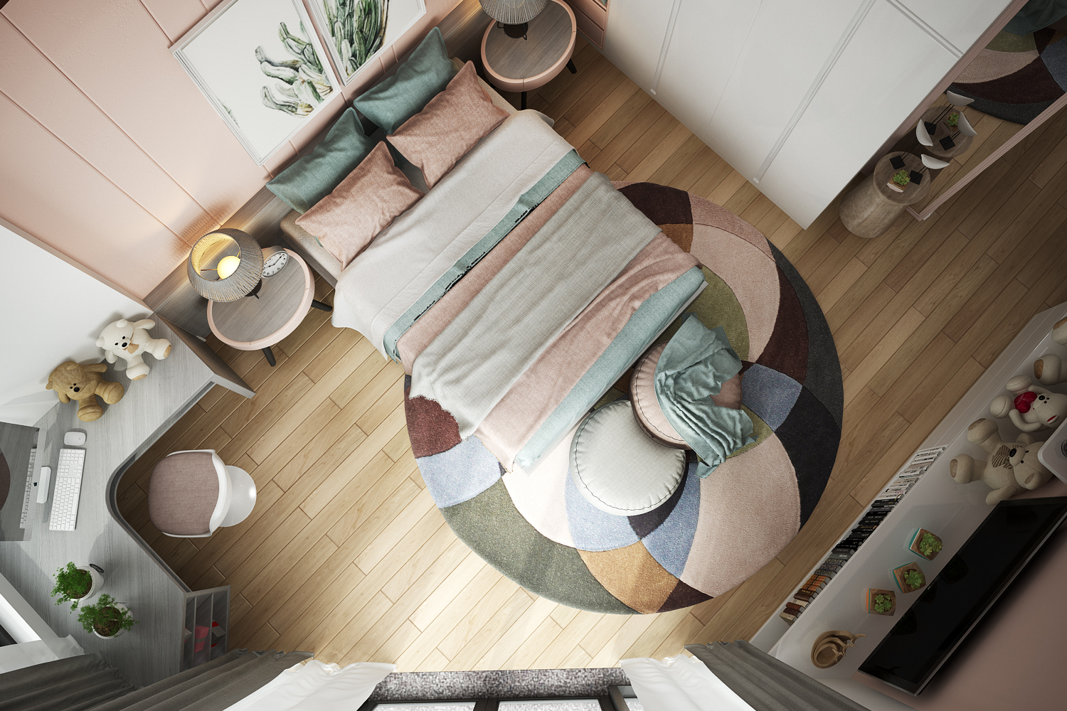 Trang trí thảm lông đồng bộ với tông màu của căn phòng tạo nên điểm nhấn ấn tượng
