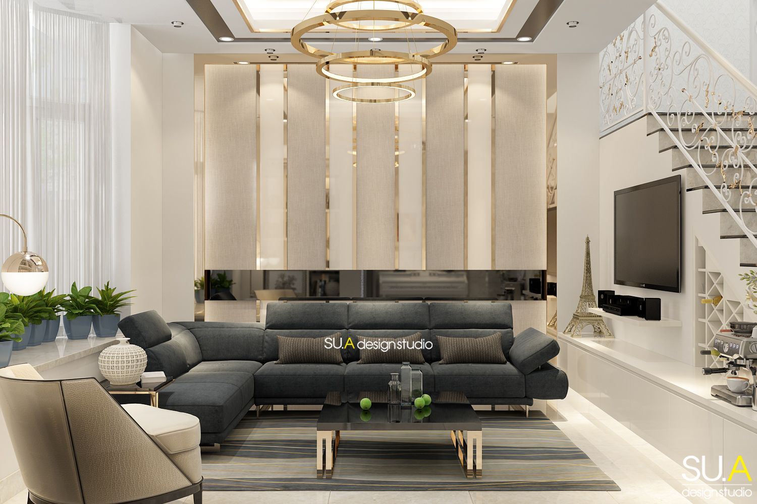 Hình ảnh thiết kế biệt thự hiện đại được trang trí thêm thảm trong phòng khách siêu sang trọng