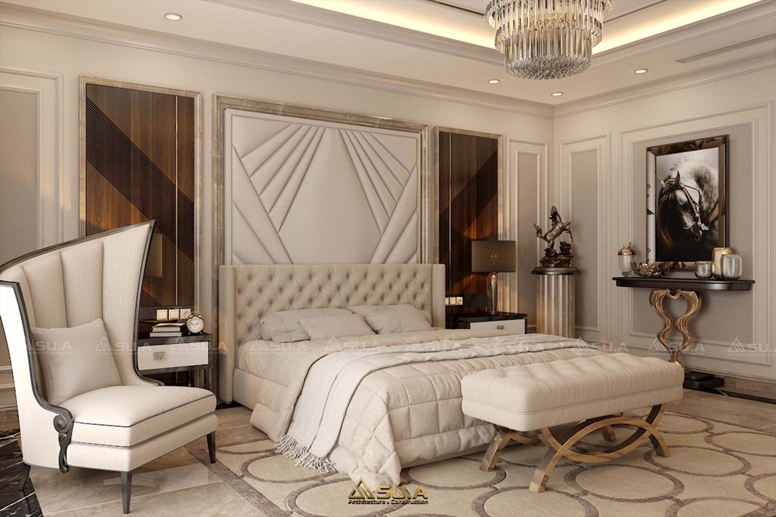 Giường ngủ thiết kế hiện đại tích hợp hệ đầu giường vừa làm kệ trang trí, vừa là bàn trang điểm tiện dụng