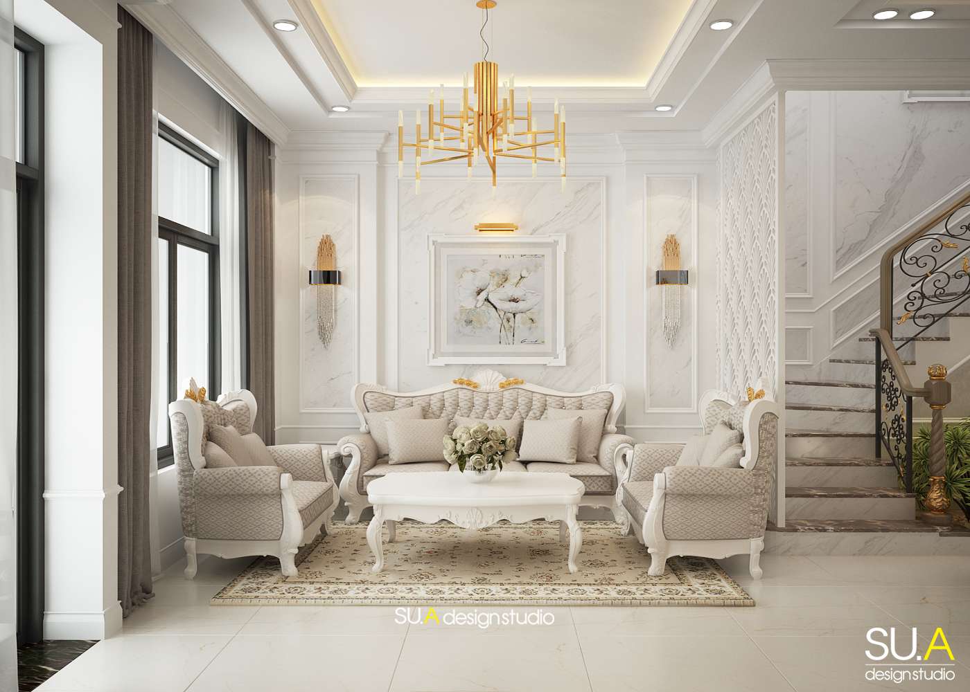 Tông màu trắng sang trọng trong thiết kế nội thất biệt thự hiện đại