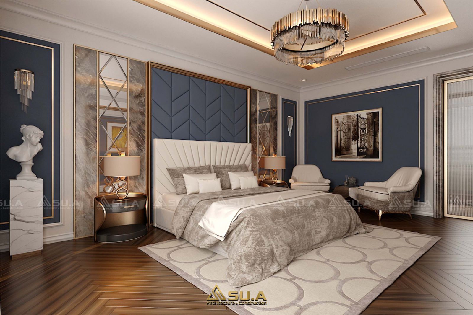 Mẫu thiết kế nội thất phòng ngủ đẳng cấp với tông màu xanh - trắng sang trọng, tinh tế với lót sàn gỗ sáng màu, giường ngủ, thảm trải sàn lông sang trọng, bàn trang điểm, các bức tranh gỗ treo tường đơn giản, tinh tế.