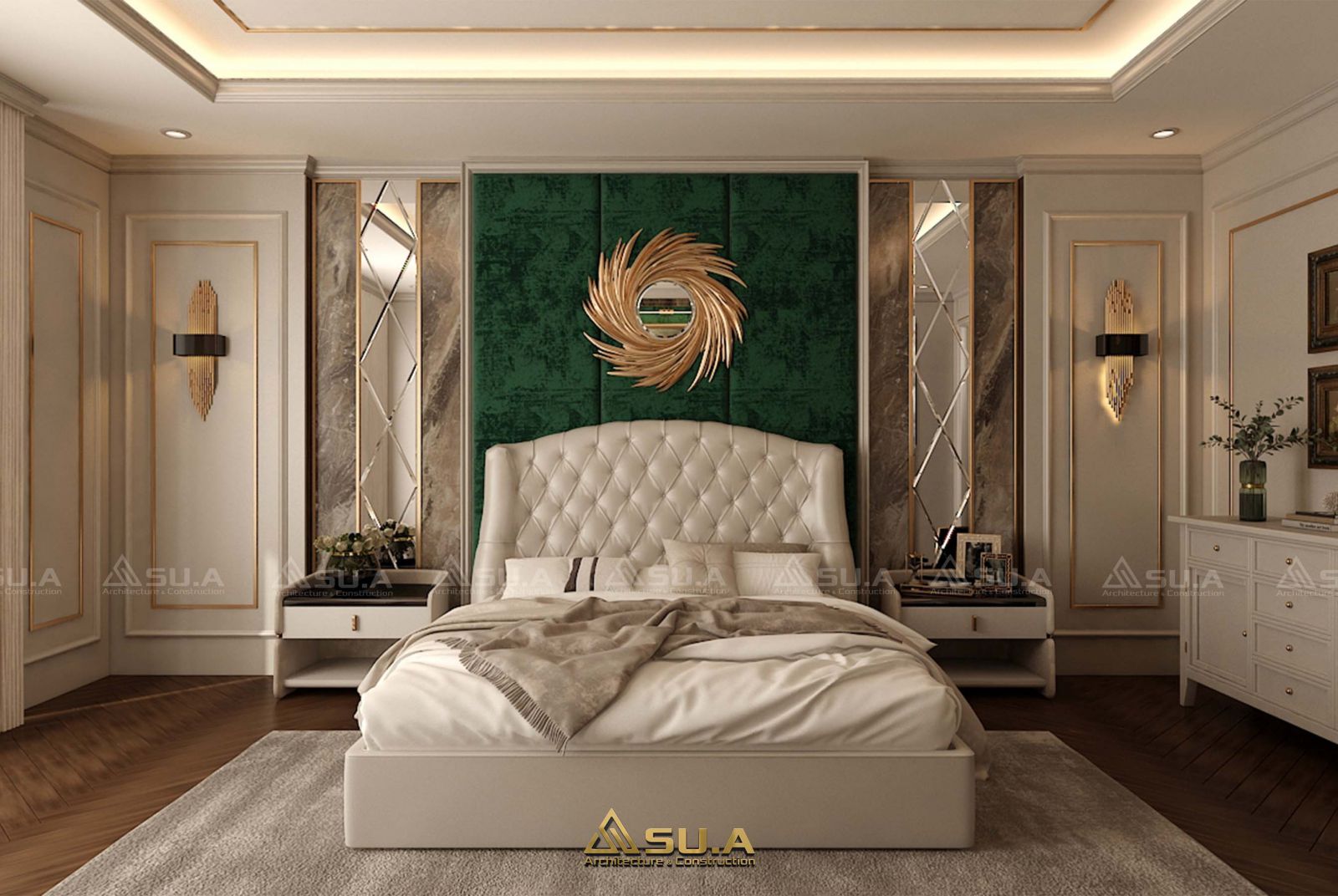 Mẫu thiết kế phòng ngủ sử dụng nội thất cao cấp có giường ngủ lớn bọc nệm, kết hợp với các tủ trang trì để đồ. Điểm nhấn là các vách tường được thiết kế màu xanh lá tạo sự sang trọng, đẳng cấp cho căn phòng