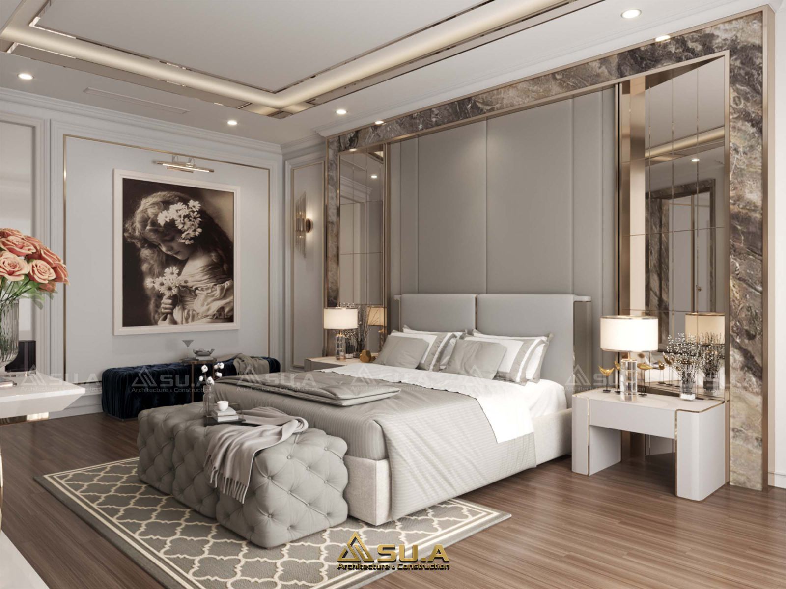 Với việc sử dụng nội thất phòng ngủ là gỗ tự nhiên với màu nâu trầm ấm gồm, giường lớn, sàn gỗ, 2 Tab đầu giường tạo sự sang trọng mà vẫn ấm cúng. 